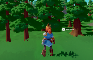 A character in a blue outfit stands in front of trees, with a "Build Mode" prompt on the screen.