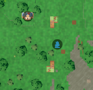 Map screenshot from the game Overthrown, showing a green landscape with trees, buildings, and character markers.