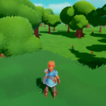 A character in armor stands on green grass, facing a lush landscape of trees and flowers in a colorful video game setting.