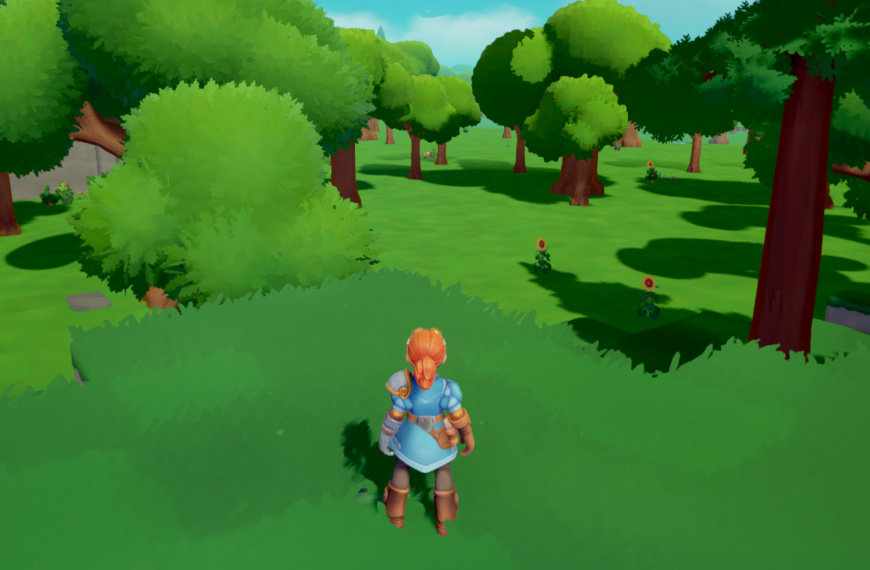 A character in armor stands on green grass, facing a lush landscape of trees and flowers in a colorful video game setting.