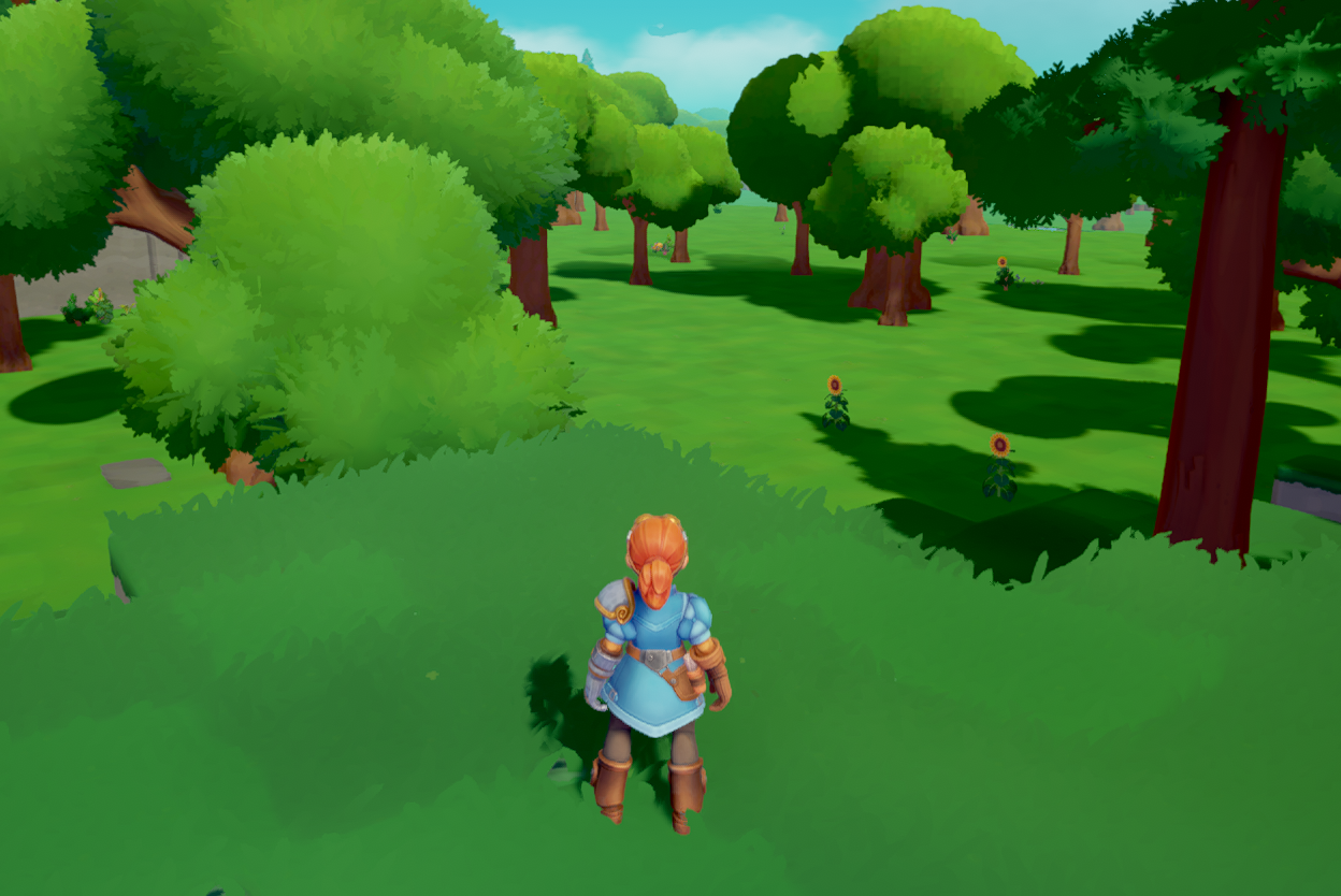 A character in armor stands on green grass, facing a lush landscape of trees and flowers in a colorful video game setting.