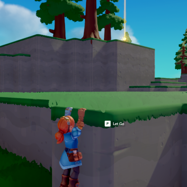 A character hangs from a ledge in a colorful video game environment, with a prompt to "Let Go" displayed nearby.