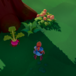 A character stands on green grass near colorful plants and a large tree trunk in the game Overthrown.