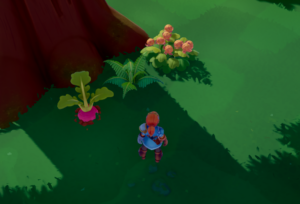 A character stands on green grass near colorful plants and a large tree trunk in the game Overthrown.