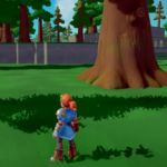 A character in armor stands in a vibrant green forest, with large trees and a distant wall visible.