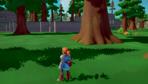 A character in armor stands in a vibrant green forest, with large trees and a distant wall visible.