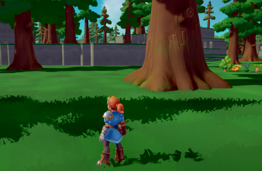 A character in armor stands in a vibrant green forest, with large trees and a distant wall visible.