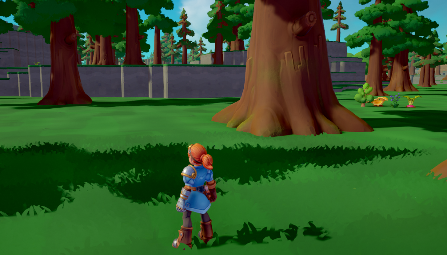 A character in armor stands in a vibrant green forest, with large trees and a distant wall visible.