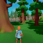 A character in a blue tunic stands in a lush forest filled with tall trees and a vibrant green landscape.