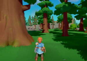 A character in a blue tunic stands in a lush forest filled with tall trees and a vibrant green landscape.