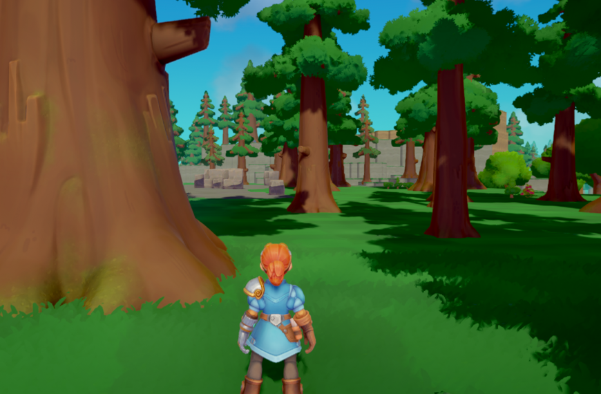 A character in a blue tunic stands in a lush forest filled with tall trees and a vibrant green landscape.