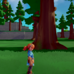 A character stands beside a large tree in a colorful, grassy landscape with background trees and structures.