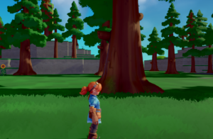 A character stands beside a large tree in a colorful, grassy landscape with background trees and structures.