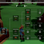 Screenshot from the game Overthrown showing a research tree with various upgrade options related to resources and population, including Carpentry, Farming, and Gunpowder.