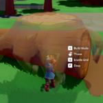 A character stands near a large log in a vibrant, grassy environment, with game controls displayed on the side.