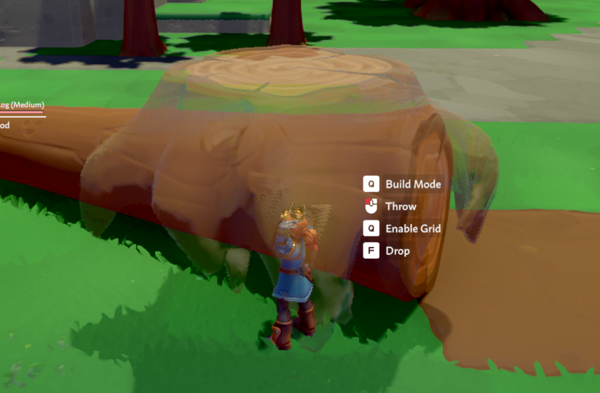 A character stands near a large log in a vibrant, grassy environment, with game controls displayed on the side.