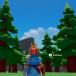 Character in a blue outfit with a crown facing tall green trees and a blue sky, with a "Build Mode" option displayed.