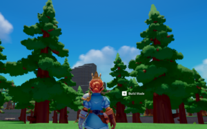 Character in a blue outfit with a crown facing tall green trees and a blue sky, with a "Build Mode" option displayed.