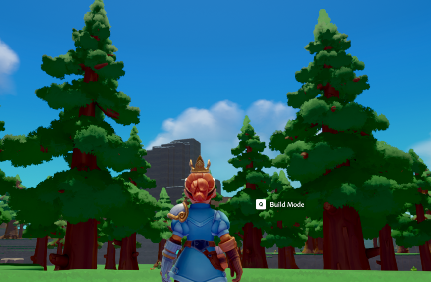 Character in a blue outfit with a crown facing tall green trees and a blue sky, with a "Build Mode" option displayed.