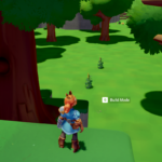 A character stands on a ledge overlooking a green landscape with trees and small plants, with "Build Mode" displayed on the screen.