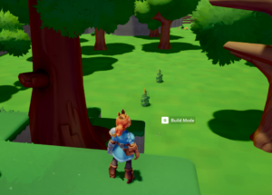 A character stands on a ledge overlooking a green landscape with trees and small plants, with "Build Mode" displayed on the screen.