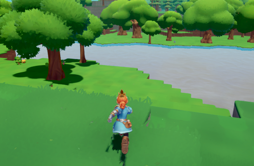 A character runs along a grassy bank beside a river in a colorful, cartoonish landscape.