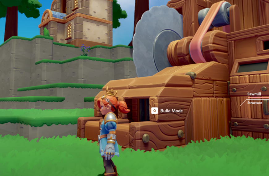 A character stands beside a sawmill in a colorful, grassy landscape, with a building visible in the background.