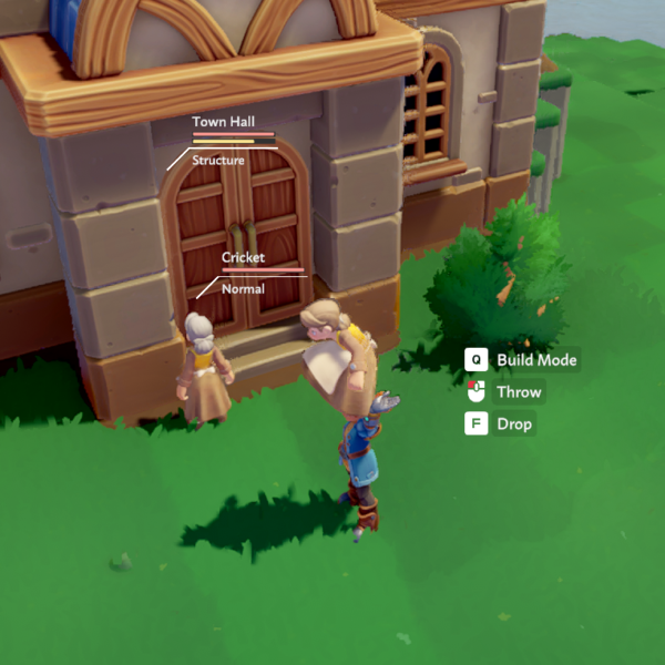 Screenshot from the game *Overthrown*, featuring a character near a Town Hall with interactive prompts displayed.