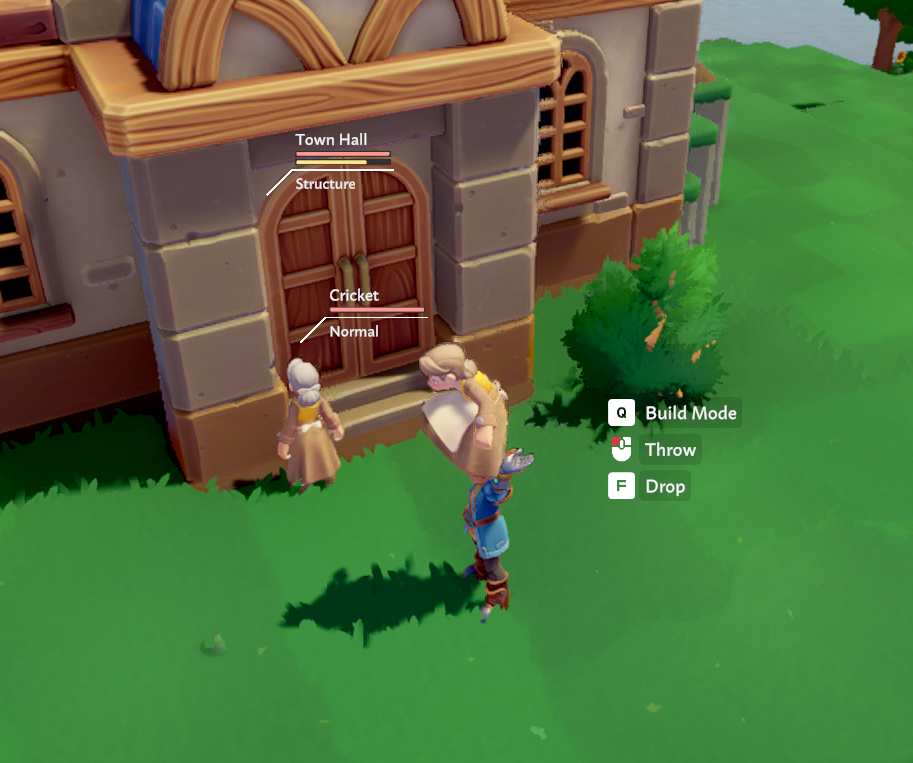 Screenshot from the game *Overthrown*, featuring a character near a Town Hall with interactive prompts displayed.