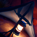 A glowing lantern illuminated under a tent-like structure, with rocky terrain in the background.