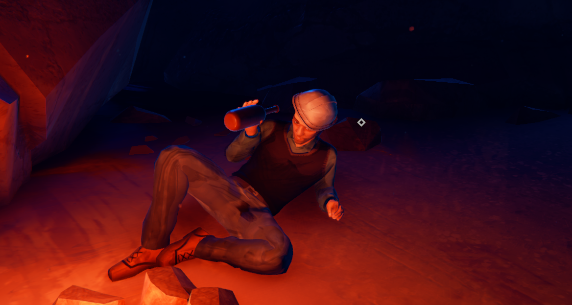 A character lies on the ground near a campfire, holding a bottle and smiling in a dark, rocky environment.