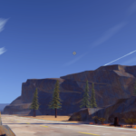 A scenic landscape from the video game Road 96, featuring a clear blue sky, rocky mountains, and pine trees along a deserted road.