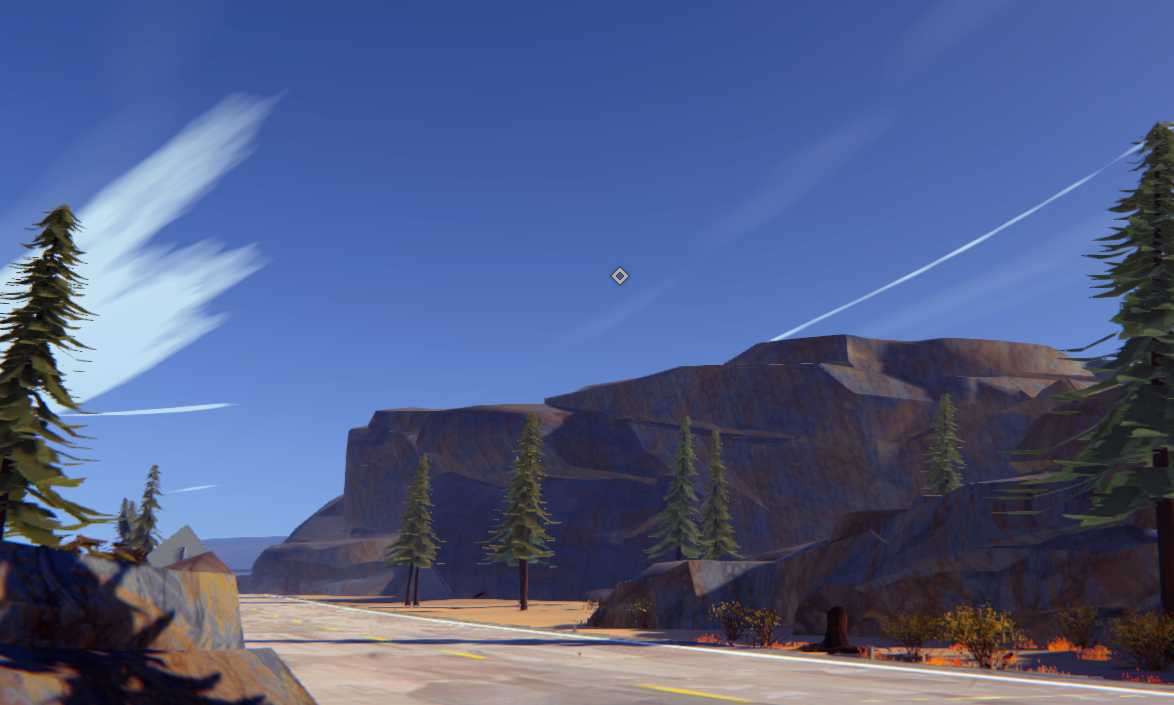 A scenic landscape from the video game Road 96, featuring a clear blue sky, rocky mountains, and pine trees along a deserted road.