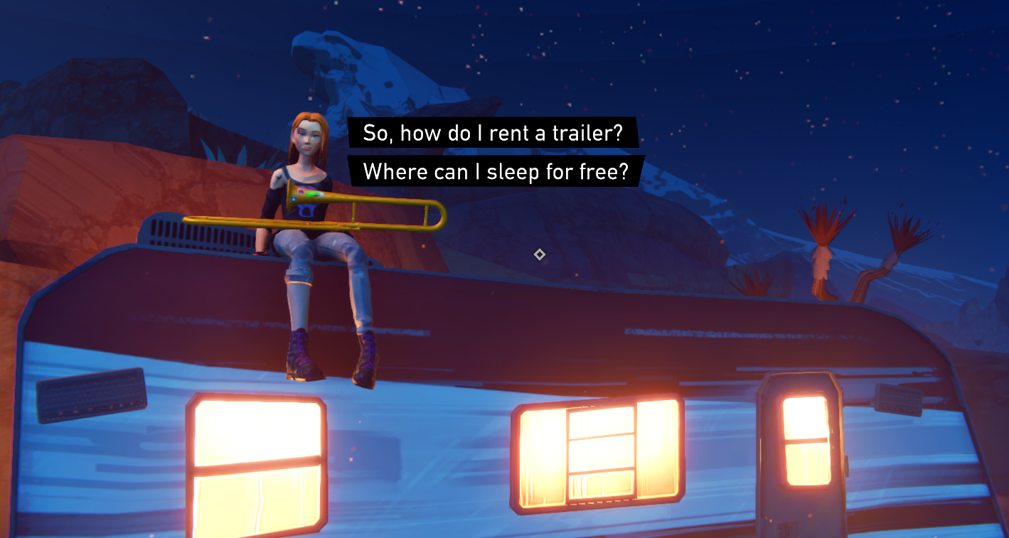 A character sits on top of a trailer under a starry sky, asking about renting a trailer and finding free places to sleep.