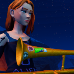 A character with orange hair and freckles holds a decorated trombone against a starry night background.