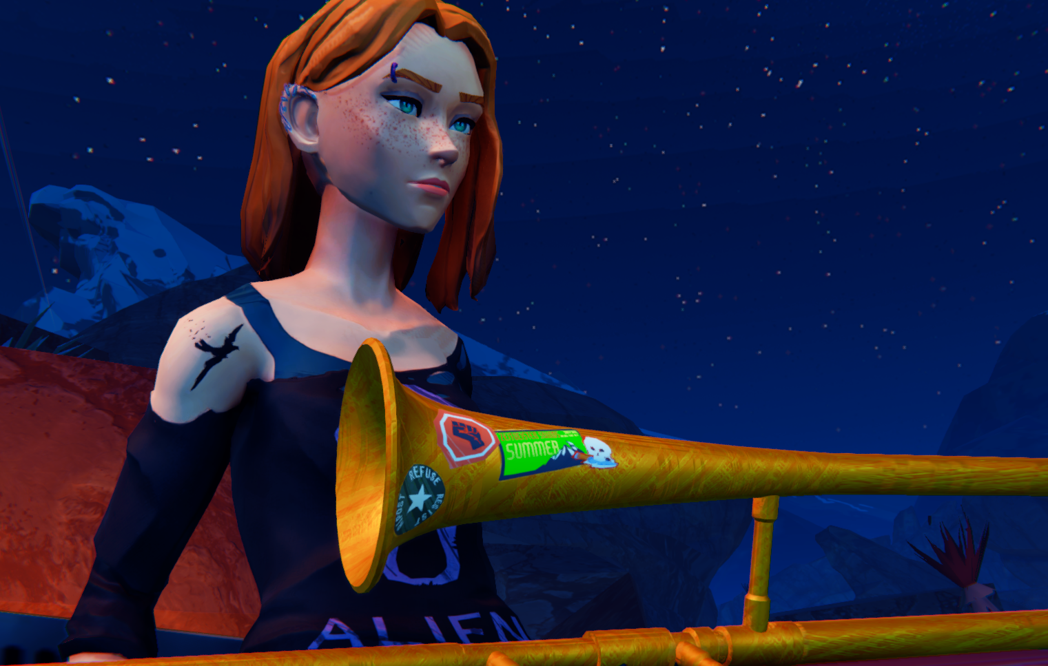 A character with orange hair and freckles holds a decorated trombone against a starry night background.