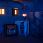 A dimly lit outdoor scene featuring a weathered building, a generator, and an open fridge beside wooden stairs.