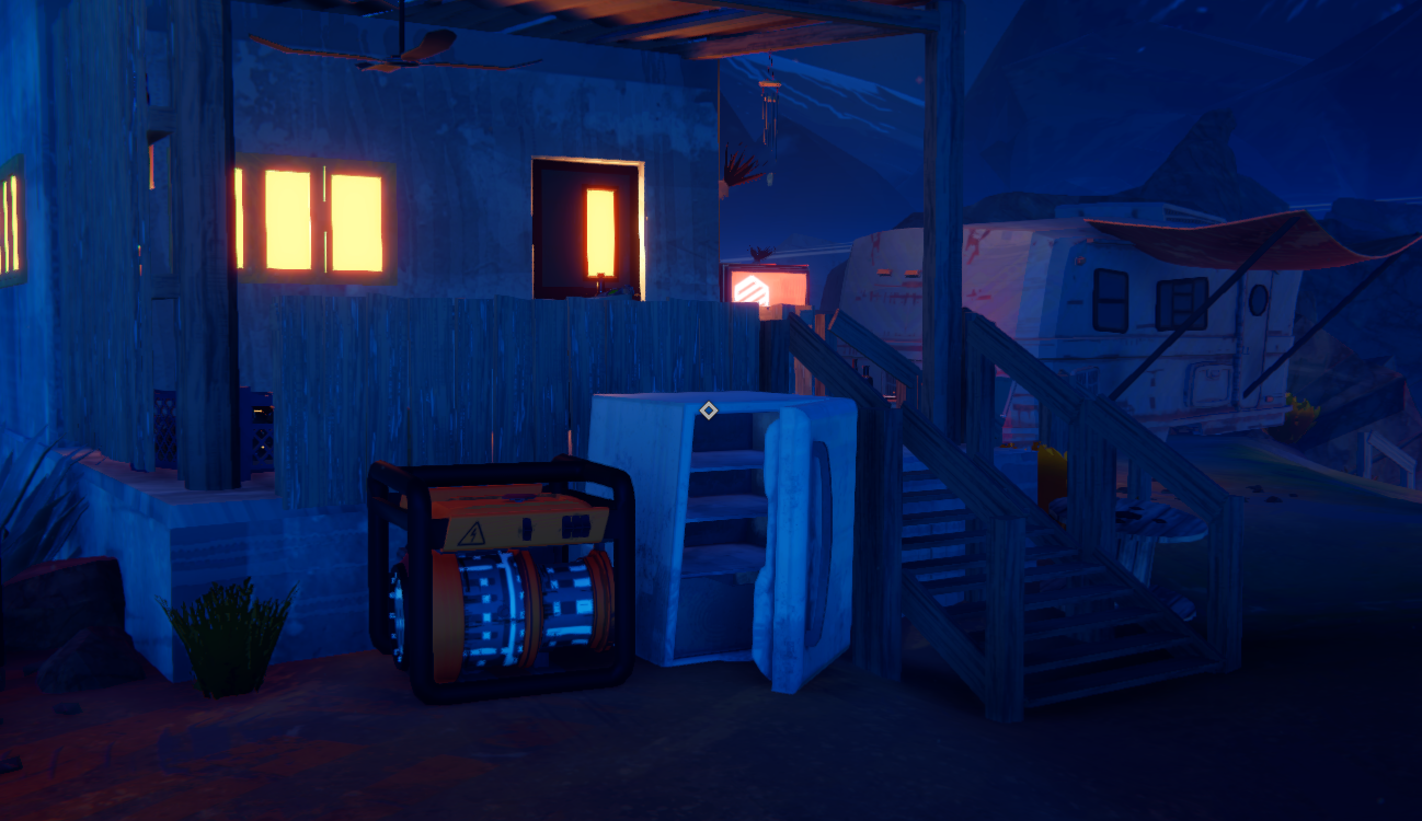 A dimly lit outdoor scene featuring a weathered building, a generator, and an open fridge beside wooden stairs.