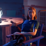 A character sitting in a chair by a table with a lantern, holding a phone and a cat, in a colorful, stylized environment.