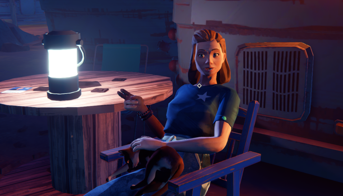 A character sitting in a chair by a table with a lantern, holding a phone and a cat, in a colorful, stylized environment.