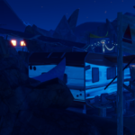 A nighttime scene from a video game, featuring a blue-toned landscape with a trailer and a flag.
