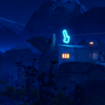 A nighttime scene featuring a small building with lit windows and a glowing arrow, surrounded by mountains and sparse vegetation.