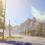 Scenic landscape with tall trees and mountains under a bright sky in the game Road 96.