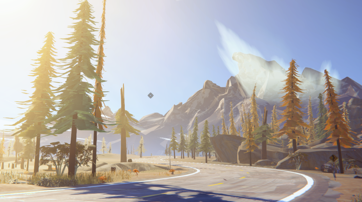 Scenic landscape with tall trees and mountains under a bright sky in the game Road 96.