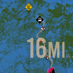 Map screenshot from the video game Road 96, showing a route with markers and "16 MI TO THE BORDER."