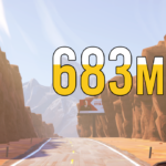 Screenshot from the game Road 96, depicting a desert road with a sign reading "683 MI TO THE BORDER."