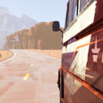 Screenshot of a desert road seen from the side of a bus with a "GMT Transportation" logo.
