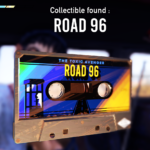 Alt text: A cassette tape labeled "ROAD 96" with vibrant artwork, displayed as a collectible in the game Road 96.