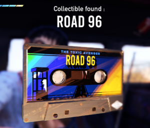 Alt text: A cassette tape labeled "ROAD 96" with vibrant artwork, displayed as a collectible in the game Road 96.