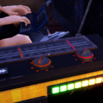 Screenshot from Road 96 showing a character using a laptop beside a radio with tuning dials and lights.